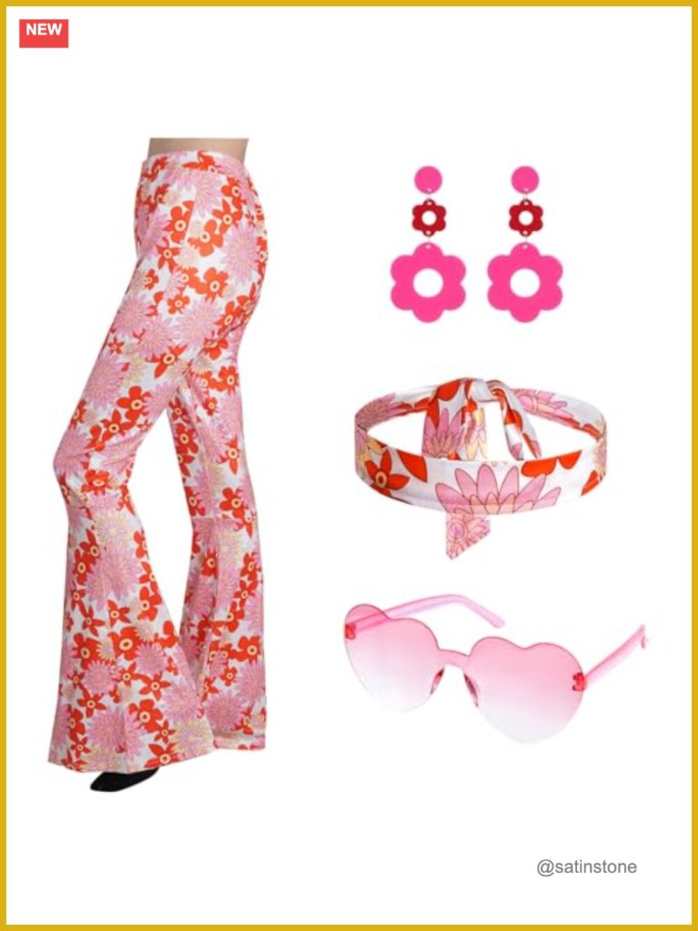 5PC 60s 70s Hippie Costume Set Floral Bell Bottom Pants Headband Sunglasses